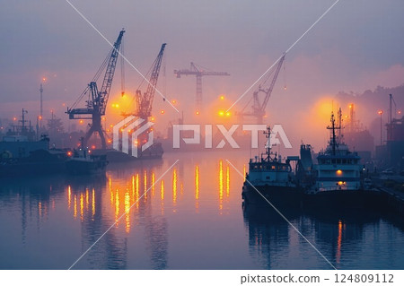 Twilight industrial harbor: tranquil maritime scene with silhouetted cranes and glowing lights 124809112