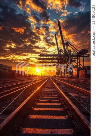 Urban sunset at industrial port rails with vibrant sky - ideal for travel guides and industrial design projects 124809122