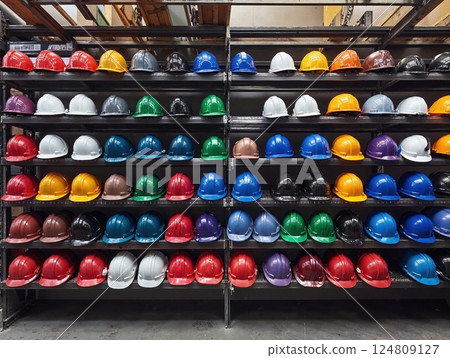 Vibrant display of industrial safety helmets: colorful protective gear for construction and engineering 124809127