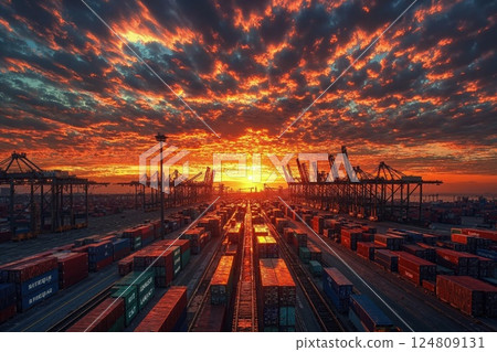 Vibrant urban port sunset with shipping containers and cranes creating an industrial symmetry for logistics and trade projects 124809131
