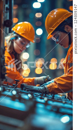 Women in engineering: night shift focus in industrial factory setting with protective gear and precision tasks 124809147