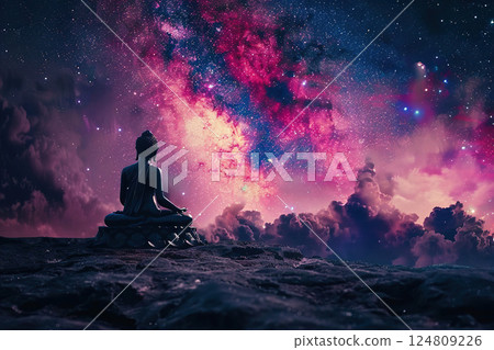Ancient statue great Buddha on bright holiday composition, abstract vivid composition consists of fictional unreal fantastic vision on background 124809226