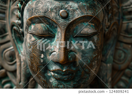 Ancient statue great Buddha on bright holiday composition, abstract vivid composition consists of fictional unreal fantastic vision on background 124809241