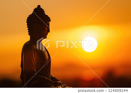 Ancient statue great Buddha on bright holiday composition, abstract vivid composition consists of fictional unreal fantastic vision on background 124809244