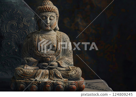 Ancient statue great Buddha on bright holiday composition, abstract vivid composition consists of fictional unreal fantastic vision on background 124809245