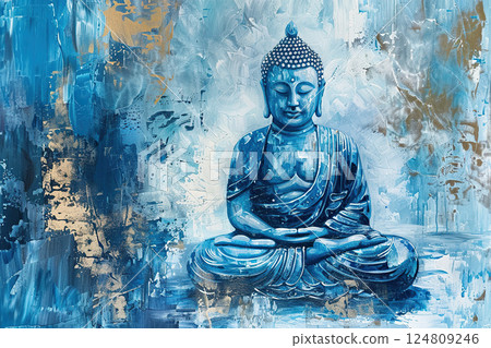 Ancient statue great Buddha on bright holiday composition, abstract vivid composition consists of fictional unreal fantastic vision on background 124809246