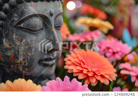 Ancient statue great Buddha on bright holiday composition, abstract vivid composition consists of fictional unreal fantastic vision on background 124809248
