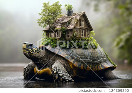 Unique turtle carrying a small house on its back surrounded by misty water on a calm day 124809290