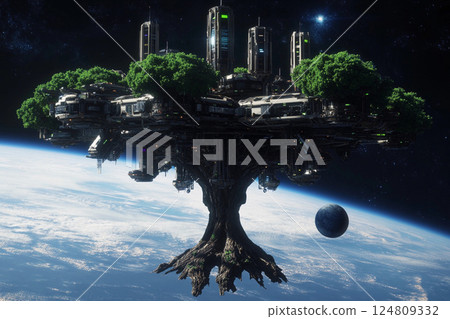 Floating tree city in space showcases futuristic architecture amid the cosmos Floating tree city in space showcases futuristic architecture amid the cosmos 124809332