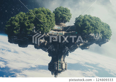 Floating tree city in space showcases futuristic architecture amid the cosmos 124809333