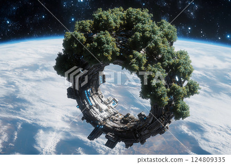 Floating tree city in space showcases futuristic architecture amid the cosmos Floating tree city in space showcases futuristic architecture amid the cosmos 124809335