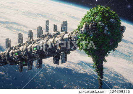 Floating tree city in space showcases futuristic architecture amid the cosmos Floating tree city in space showcases futuristic architecture amid the cosmos 124809336