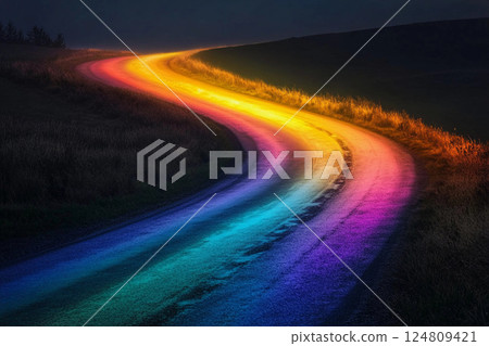 Colorful rainbow road stretches through green hills under a clear blue sky 124809421