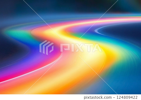 Colorful rainbow road stretches through green hills under a clear blue sky 124809422
