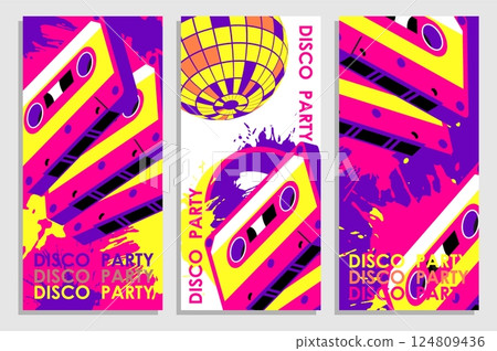 Set of vertical flyers with old magnetic tape audio cassette and sparkling mirror disco ball droped with colored blots, dots of paint. Templates for party invitation, banner, brochures print. Vector Set of vertical flyers with old magnetic tape audio cassette and sparkling mirror disco ball droped with colored blots, dots of paint. Templates for party invitation, banner, brochures print. Vector 124809436