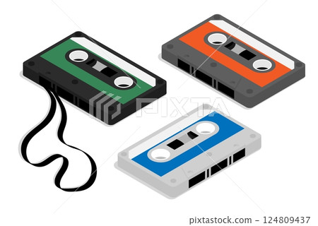 Isometric set of old technology magnetic tape audio cassette. Device for recording audio files and music onto magnetic tape. Realistic 3D vector concept isolated on white background 124809437