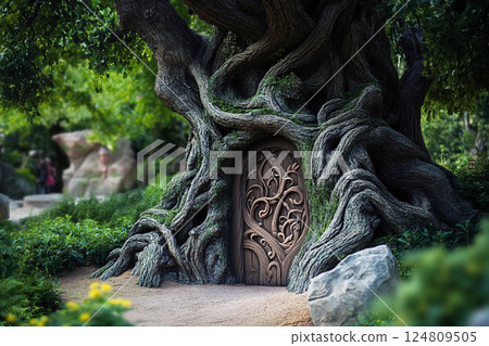 Wooden door carved into a tree trunk surrounded by autumn leaves in a forest setting 124809505