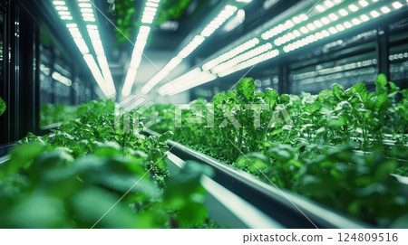 Indoor Hydroponic Basil Plant Under LED Lights 124809516