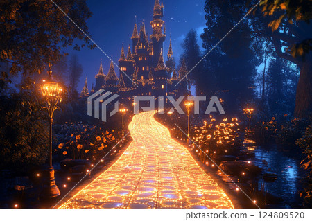 Majestic castle illuminated by glowing pathway at night under a starry sky 124809520