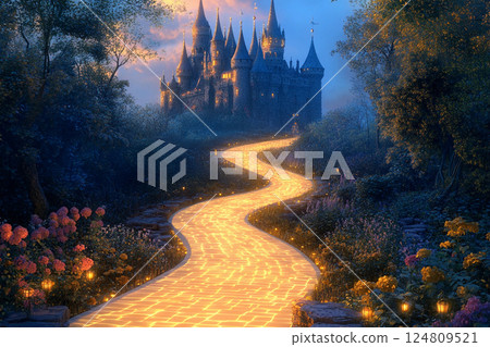 Majestic castle illuminated by glowing pathway at night under a starry sky 124809521