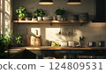 Modern Kitchen Shelf with Plants, Plates, and Utensils 124809531
