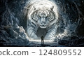 Gigantic White Tiger in a Cave Facing a Human 124809552