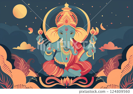 Bright holiday composition for happy Ganesh Chaturthi, abstract vivid composition consists of fictional unreal fantastic vision on background Bright holiday composition for happy Ganesh Chaturthi, abstract vivid composition consists of fictional unreal fantastic vision on background 124809560
