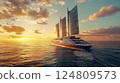 Futuristic Sailing Ship with Solar Panels at Sunset 124809573