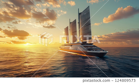 Futuristic Sailing Ship with Solar Panels at Sunset 124809573