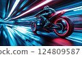 Futuristic Motorcycle Racing Through Neon City Lights 124809587