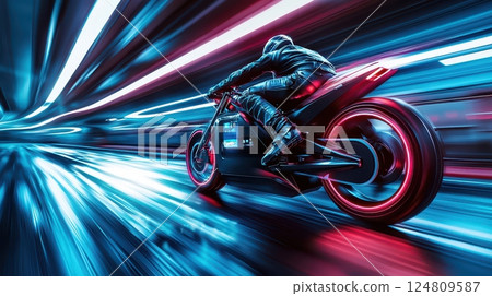 Futuristic Motorcycle Racing Through Neon City Lights 124809587