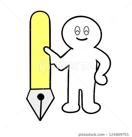 Stick figure illustration 6 holding a fountain pen 124809701