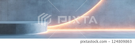 This setting features a sleek, futuristic concrete backdrop enhanced by glowing light ribbons that softly float across the surface, creating a sophisticated atmosphere perfect for design projects This setting features a sleek, futuristic concrete backdrop enhanced by glowing light ribbons that softly float across the surface, creating a sophisticated atmosphere perfect for design projects 124809863