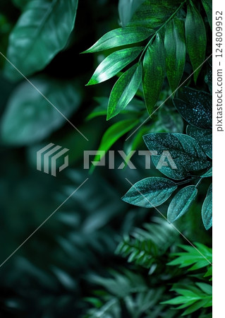 Experience a breathtaking futuristic botanical landscape where a deep blue bioluminescent glow illuminates the dense black jungle, creating a cinematic dreamlike atmosphere perfect for creativity 124809952