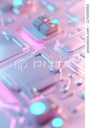 Vibrant neon circuit board displays intricate designs and holographic blue and purple lighting, enhancing futuristic technology aesthetics against a clean white backdrop 124809968