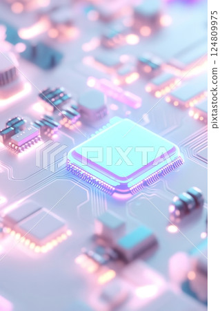 The artwork features a futuristic circuit board illuminated by neon blue and purple lights. The design showcases intricate patterns that highlight advanced technology in a sleek, isolated layout 124809975