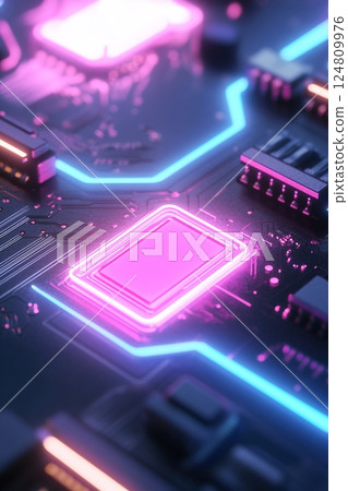 A glowing circuit board features vibrant neon blue and purple lights, showcasing intricate designs. The futuristic aesthetic creates a high-tech atmosphere, emphasizing innovation and technology 124809976