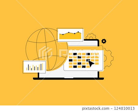 Global economic calendar tracks world market data, financial events and trends for investment decisions, economic forecasting and planning. World economic calendar vector illustration and icons Global economic calendar tracks world market data, financial events and trends for investment decisions, economic forecasting and planning. World economic calendar vector illustration and icons 124810013