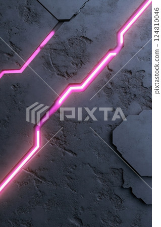 Dark industrial surface features embedded neon circuit lines emitting a vibrant glow. This futuristic setting offers ample space for creative text and design elements 124810046