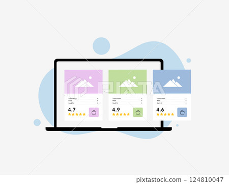 E-commerce product rating systems help customers choose quality goods through reviews and star feedback. Product rating digital user experience and trust building. Vector illustration and icons 124810047