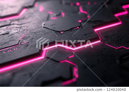 This setting features a dark industrial surface with embedded glowing neon circuit lines that illuminate the textured concrete background. Ample space is available for text overlays 124810048