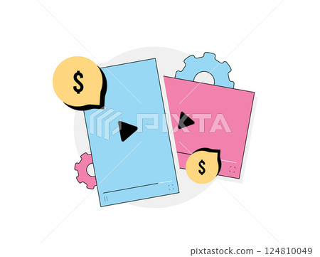 Paid video content and distribution through subscription platforms for monetization, including streaming, licensing, access control and media sales. Video monetization vector illustration and icons Paid video content and distribution through subscription platforms for monetization, including streaming, licensing, access control and media sales. Video monetization vector illustration and icons 124810049
