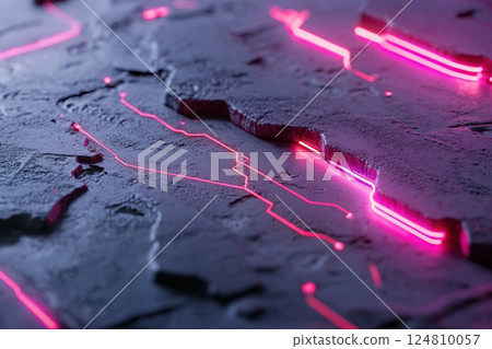 Concrete surface featuring glowing neon circuit lines creates a futuristic cyberpunk atmosphere. The high-end lighting enhances the industrial look, ideal for tech visuals and design 124810057