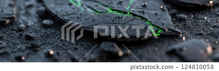 Dark botanical backdrop features glossy black leaves interwoven with biomechanical neon green veins. High-tech sci-fi illumination enhances the futuristic aesthetic and creates a dynamic feel Dark botanical backdrop features glossy black leaves interwoven with biomechanical neon green veins. High-tech sci-fi illumination enhances the futuristic aesthetic and creates a dynamic feel 124810058