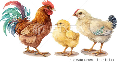 Rooster, Hen, and Chick Watercolor 124810154