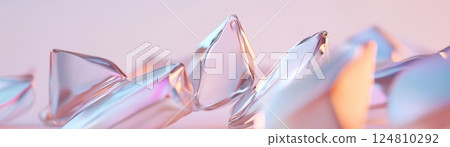 This artwork showcases a futuristic abstract sculpture made of floating iridescent chrome fragments that reflect soft glows, creating an otherworldly effect against a white backdrop 124810292