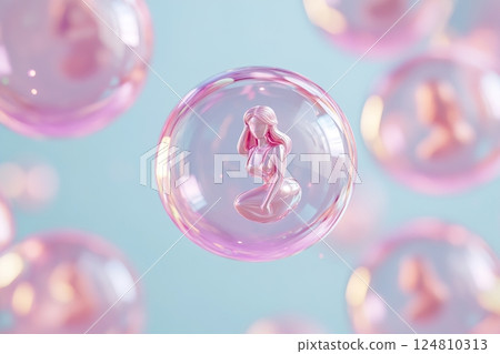 A vibrant and elegant celebration of Women's Day featuring transparent glass orbs that float with glowing female symbols inside 124810313