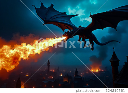 A giant winged dragon that appears in an open-world game [AI-generated image] 124810361