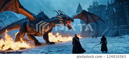 A giant winged dragon that appears in an open-world game [AI-generated image] 124810363