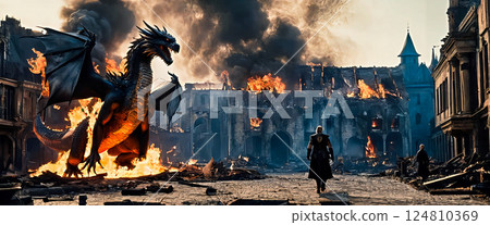 開放世界遊戲中出現的巨型有翼龍 [AI 生成的圖像] 124810369